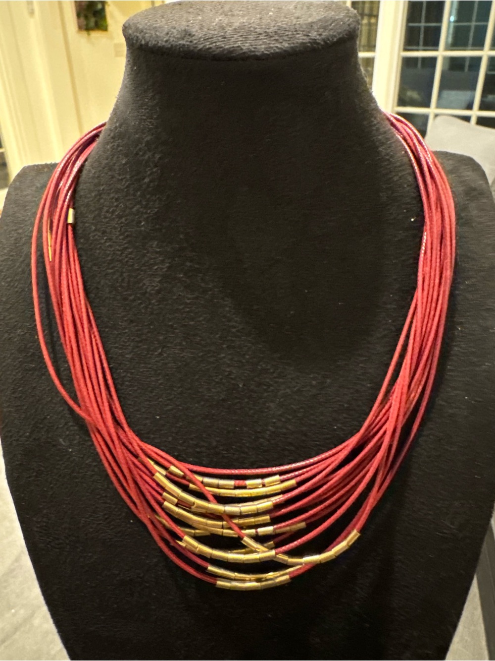 Red Multi Strand Cord Necklace Brass Tone Beads Magnetic Clasp Statement